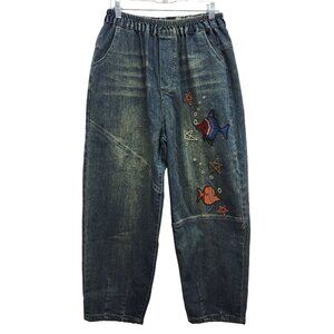 Vintage Denim Embroidered Fish Pattern Elastic Waist Cropped Pants Size S